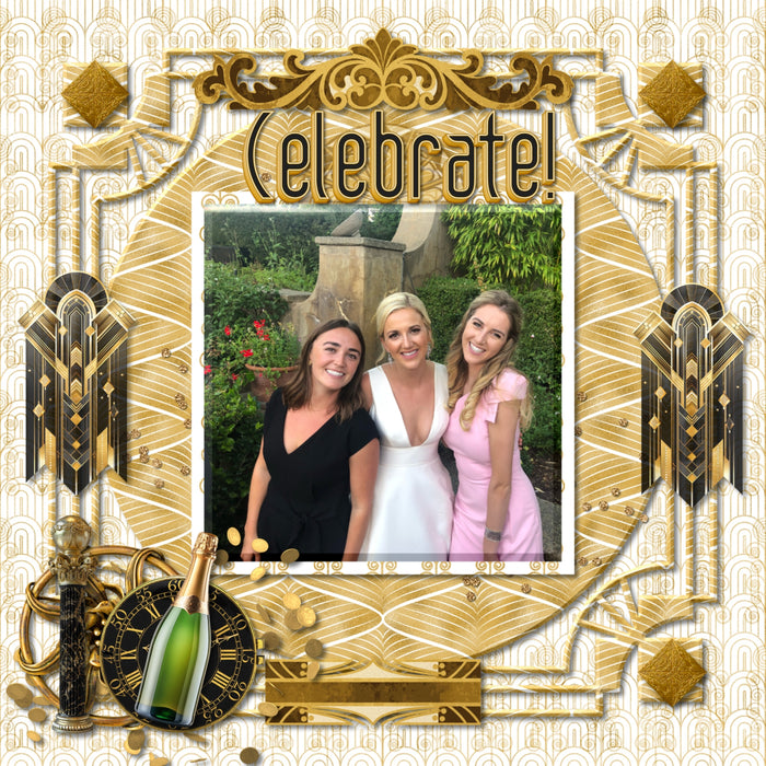 Inspired by the Great Gatsby, these beautiful and realistic Art Deco embellishments, patterned papers, photo mask frames, and alpha set by Lucky Girl Creative digital art from the Roaring 20's will help you create heritage digital scrapbooking pages and albums. Great for New Year's Eve, anniversary, birthday, black tie events, party, graduation, wedding, and more! Embellishments include skyscraper building, clip, clock, pocket watch, bow tie, dress, gown, shoe, top hat, fashion, satin, glove, column.