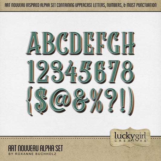 These green decorative alphabet and number digital scrapbooking embellishments by Lucky Girl Creative digital art are easy to use for digital scrapbook page titles and inspired by the style of art and architecture that flourished between 1890 and 1910. With muted colors inspired by plants, flowers, and the female form, this vintage collection will add style to your vintage, genealogy, and family heritage pages. Great for garden and spring pages, too!