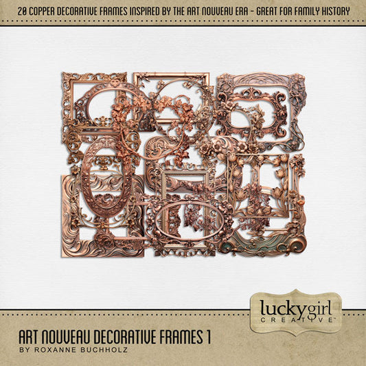 Accent your photos with these stylish Art Nouveau copper frame embellishments by Lucky Girl Creative digital art inspired by the style of art and architecture that flourished between 1890 and 1910. With muted colors inspired by plants, flowers, and the female form, this vintage digital scrapbooking collection will add style to your vintage, genealogy, and family heritage pages. Great for garden and spring pages, too! This kit is included in the Art Nouveau Bundle.