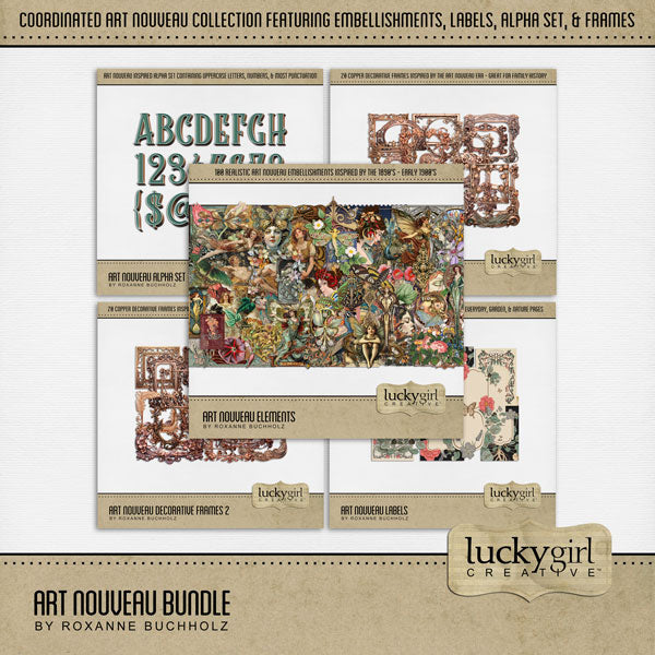 Accent your pages with these stylish Art Nouveau embellishments, journaling cards, frames, and alpha set by Lucky Girl Creative digital art inspired by the style of art and architecture that flourished between 1890 and 1910. With muted colors inspired by plants, flowers, and the female form, this vintage collection will add style to your vintage, genealogy, and family heritage pages. Great for garden and spring pages, too! Embellishments include angel, peacock, butterfly, moth, woman, man.