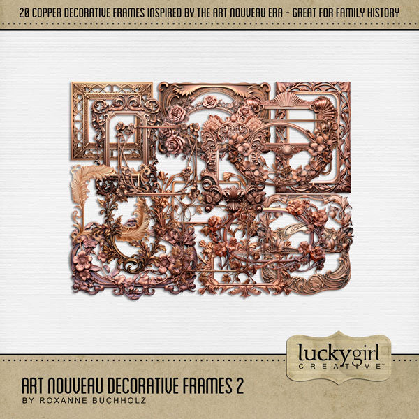 Accent your photos with these stylish Art Nouveau copper frame embellishments by Lucky Girl Creative digital art inspired by the style of art and architecture that flourished between 1890 and 1910. With muted colors inspired by plants, flowers, and the female form, this vintage digital scrapbooking collection will add style to your vintage, genealogy, and family heritage pages. Great for garden and spring pages, too! This kit is included in the Art Nouveau Bundle.