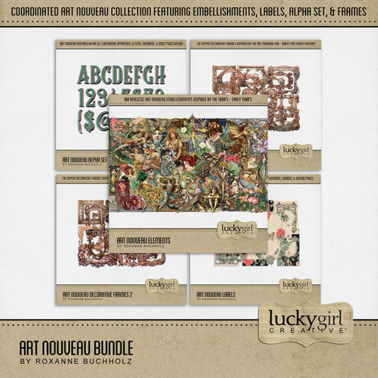 Accent your pages with these stylish Art Nouveau embellishments, journaling cards, frames, and alpha set by Lucky Girl Creative digital art inspired by the style of art and architecture that flourished between 1890 and 1910. With muted colors inspired by plants, flowers, and the female form, this vintage collection will add style to your vintage, genealogy, and family heritage pages. Great for garden and spring pages, too! Embellishments include angel, peacock, butterfly, moth, woman, man.
