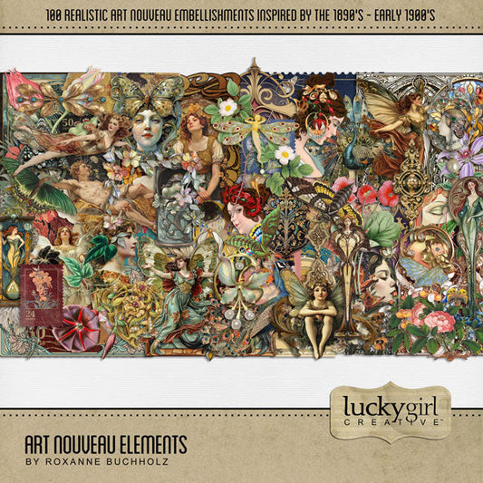 Accent your pages with these stylish Art Nouveau embellishments by Lucky Girl Creative digital art inspired by the style of art and architecture that flourished between 1890 and 1910. With muted colors inspired by plants, flowers, and the female form, this vintage collection will add style to your vintage, genealogy, and family heritage pages. Great for garden and spring pages, too! Embellishments include angel, peacock, butterfly, moth, woman, man, decorative element, decor, medallion, fairy, flowers.