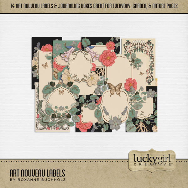 Accent your pages with these stylish Art Nouveau journaling cards by Lucky Girl Creative digital art inspired by the style of art and architecture that flourished between 1890 and 1910. With muted colors inspired by plants, flowers, and the female form, this vintage collection will add style to your vintage, genealogy, and family heritage pages. Great for garden and spring pages, too! This kit is included in the Art Nouveau Bundle.