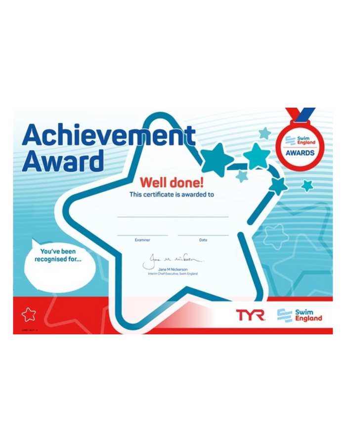 Blue star-shaped ASA Swim England achievement award with tyr logo