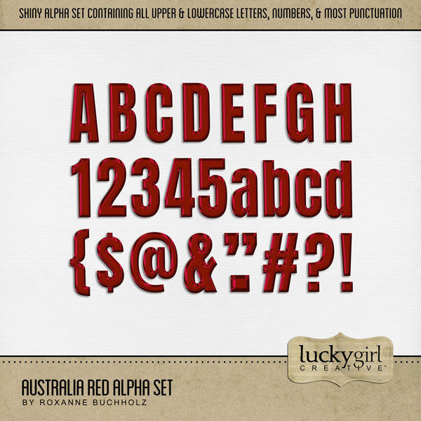 Create one-of-a-kind page titles with this versatile shiny red alpha set by Lucky Girl Creative digital art! Great for everyday pages as well as special occasions. The alpha set consists of a full set of digital art uppercase alphabet letters A-Z, lowercase letters a-z, numbers 0-9, and most punctuation marks. This alpha set is available as individual embellishments only. This kit is included in the Australia Day Alpha & Word Art Bundle.