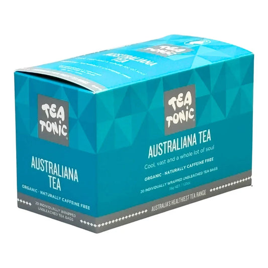 A box of Tea Tonic Australiana Tea on a plain white background. The packaging features a geometric pattern in shades of blue and teal, with dark grey panels containing the white 'Tea Tonic' brand logo and white text for 'Australiana Tea'. Cool, vast and a whole lot of soul. Naturally caffeine free & organic.
