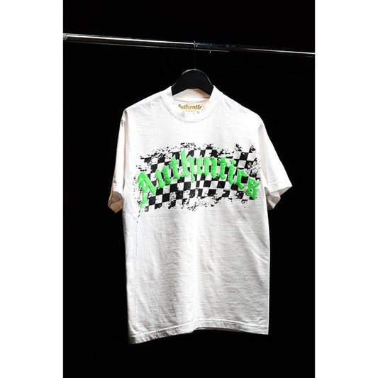 Authentics Arch Checkered Tee in White and Neon Green, front view, on model