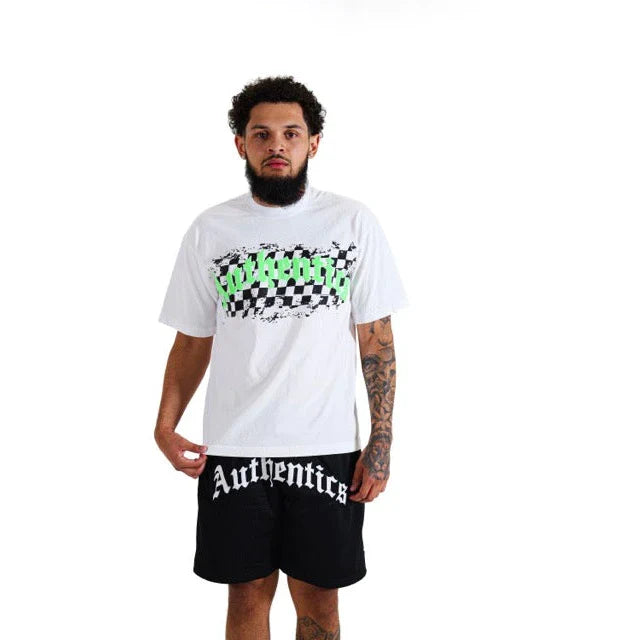 Close-up of the Authentics Arch Checkered Tee in White/Neon Green, showcasing the intricate checkered design and bold color contrast