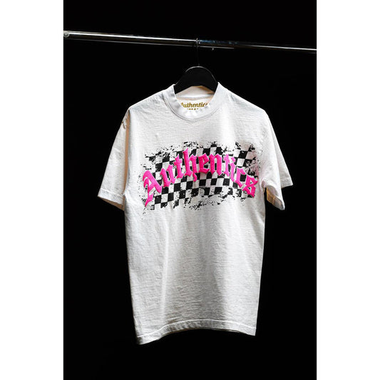 Close-up of white and pink Arch Checkered Tee by Authentics on a hanger