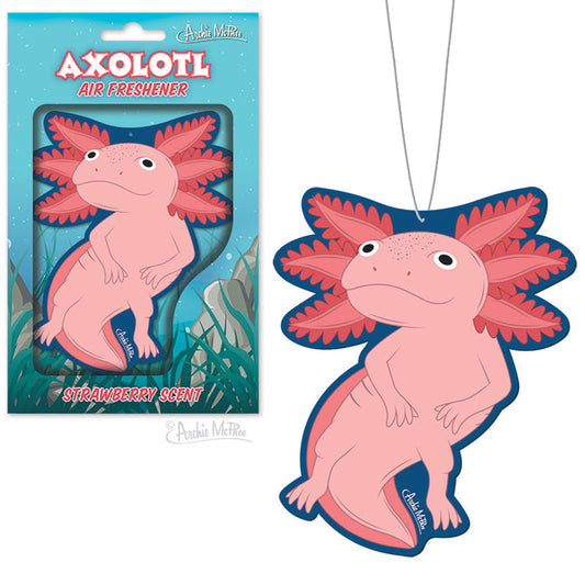 The Axolotl Air Freshener features an adorable pink design and a delightful strawberry fragrance, all beautifully packaged.