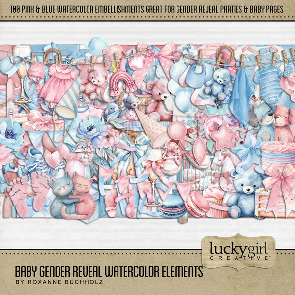 Capture the moment where the expecting parents discover whether they are having a baby boy or baby girl with this collection of watercolor digital scrapbooking embellishments by Lucky Girl Creative digital art. Create unique gender reveal party invitations, baby announcements, and baby shower invitations! Great for newborn baby, child, and Baby's 1st Year albums, too! Embellishments include pink and blue balloons, balloon arch, banner, basket, blanket, cap, hat, ribbon, bow, cake, slice of cake, candles.