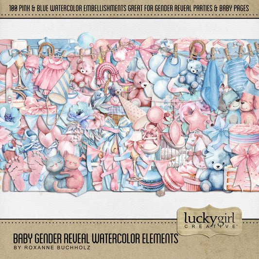 Capture the moment where the expecting parents discover whether they are having a baby boy or baby girl with this collection of watercolor digital scrapbooking embellishments by Lucky Girl Creative digital art. Create unique gender reveal party invitations, baby announcements, and baby shower invitations! Great for newborn baby, child, and Baby's 1st Year albums, too! Embellishments include pink and blue balloons, balloon arch, banner, basket, blanket, cap, hat, ribbon, bow, cake, slice of cake, candles.