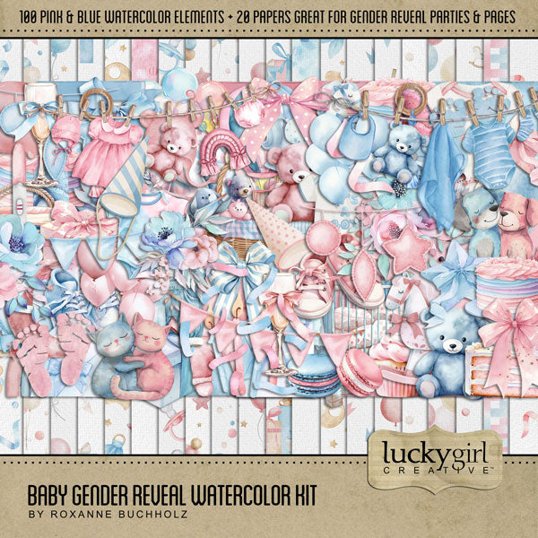 Baby Gender Reveal Watercolor Elements Digital Scrapbook Kit