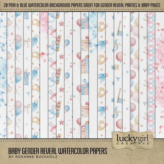 Capture the moment where the expecting parents discover whether they are having a baby boy or baby girl with this collection of watercolor digital scrapbooking papers by Lucky Girl Creative digital art. Create unique gender reveal party invitations, baby announcements, and baby shower invitations! Great for newborn baby, child, and Baby's 1st Year albums, too! This kit is included in the Baby Gender Reveal Watercolor Kit.