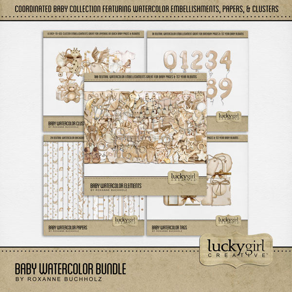 Capture the special moments of your baby boy or baby girl with this neutral and versatile baby digital scrapbooking kit by Lucky Girl Creative digital art that adds a touch of watercolor to your page. Add these beautiful embellishments, pretty patterned papers, and clusters to recall your newborn baby memories, create unique baby announcements, and baby shower gifts. Great for newborn baby pages and Baby's 1st Year albums, too!! Embellishments include butterfly, snail, bunny, rabbit, deer, dog, Greyhound.
