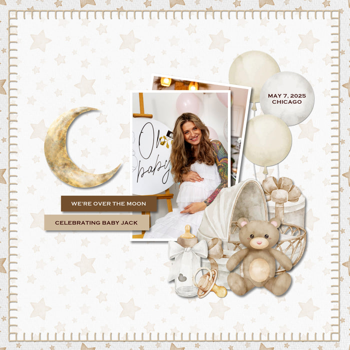 Capture the special moments of your baby boy or baby girl with this neutral and versatile baby digital scrapbooking kit by Lucky Girl Creative digital art that adds a touch of watercolor to your page. Add these beautiful embellishments, pretty patterned papers, and clusters to recall your newborn baby memories, create unique baby announcements, and baby shower gifts. Great for newborn baby pages and Baby's 1st Year albums, too!! Embellishments include butterfly, snail, bunny, rabbit, deer, dog, Greyhound.