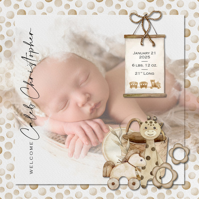 Capture the special moments of your baby boy or baby girl with this neutral and versatile baby digital scrapbooking kit by Lucky Girl Creative digital art that adds a touch of watercolor to your page. Add these beautiful embellishments, pretty patterned papers, and clusters to recall your newborn baby memories, create unique baby announcements, and baby shower gifts. Great for newborn baby pages and Baby's 1st Year albums, too!! Embellishments include butterfly, snail, bunny, rabbit, deer, dog, Greyhound.