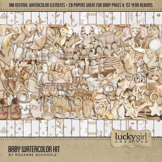 Capture the special moments of your baby boy or baby girl with this neutral and versatile baby digital scrapbooking kit by Lucky Girl Creative digital art that adds a touch of watercolor to your page. Add these beautiful embellishments and pretty patterned papers to recall your newborn baby memories, create unique baby announcements, and baby shower gifts. Great for newborn baby pages and Baby's 1st Year albums, too! Embellishments include butterfly, snail, bunny, rabbit, deer, dog, Greyhound, fox, hedgehog