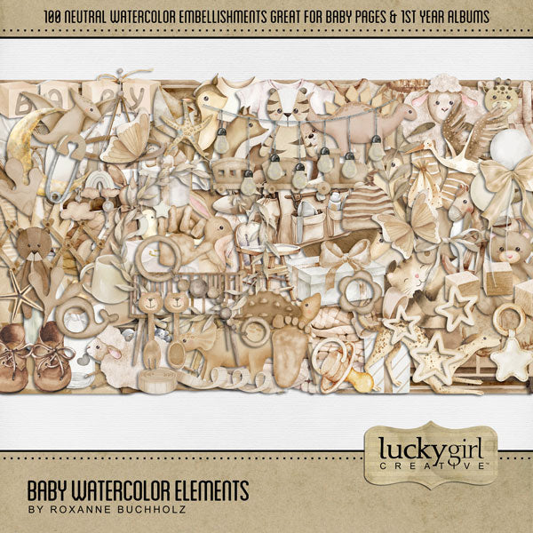 Capture the special moments of your baby boy or baby girl with this neutral and versatile baby digital scrapbooking kit by Lucky Girl Creative digital art that adds a touch of watercolor to your page. Add these beautiful embellishments to recall your newborn baby memories, create unique baby announcements, and baby shower gifts. Great for newborn baby pages and Baby's 1st Year albums, too! Embellishments include butterfly, snail, bunny, rabbit, deer, dog, Greyhound, fox, hedgehog, kitty, cat, owl, sheep.