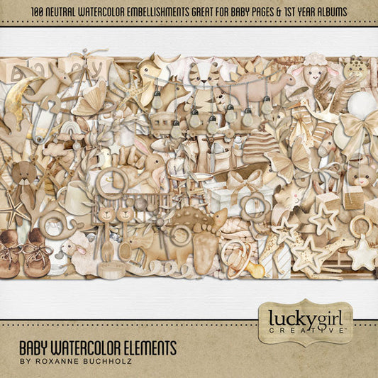 Capture the special moments of your baby boy or baby girl with this neutral and versatile baby digital scrapbooking kit by Lucky Girl Creative digital art that adds a touch of watercolor to your page. Add these beautiful embellishments to recall your newborn baby memories, create unique baby announcements, and baby shower gifts. Great for newborn baby pages and Baby's 1st Year albums, too! Embellishments include butterfly, snail, bunny, rabbit, deer, dog, Greyhound, fox, hedgehog, kitty, cat, owl, sheep.