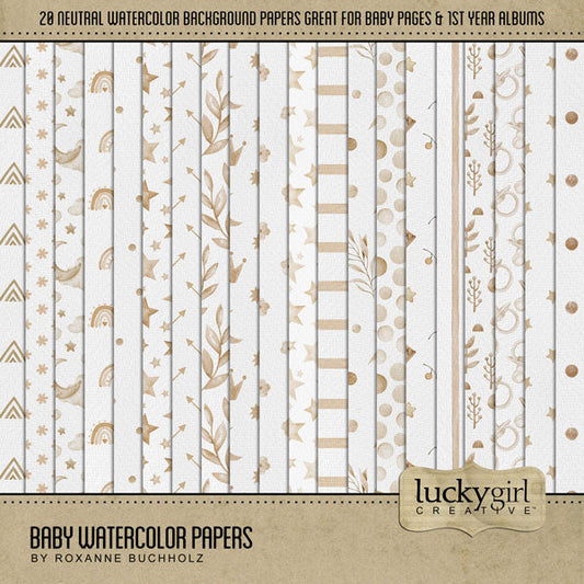 Capture the special moments of your baby boy or baby girl with this neutral and versatile baby digital scrapbooking paper pack by Lucky Girl Creative digital art that adds a touch of watercolor to your page. Add these patterned papers to create unique backgrounds for baby announcements and baby shower gifts. Great for newborn baby, child, and Baby's 1st Year albums, too! This kit is included in the Baby Watercolor Bundle.