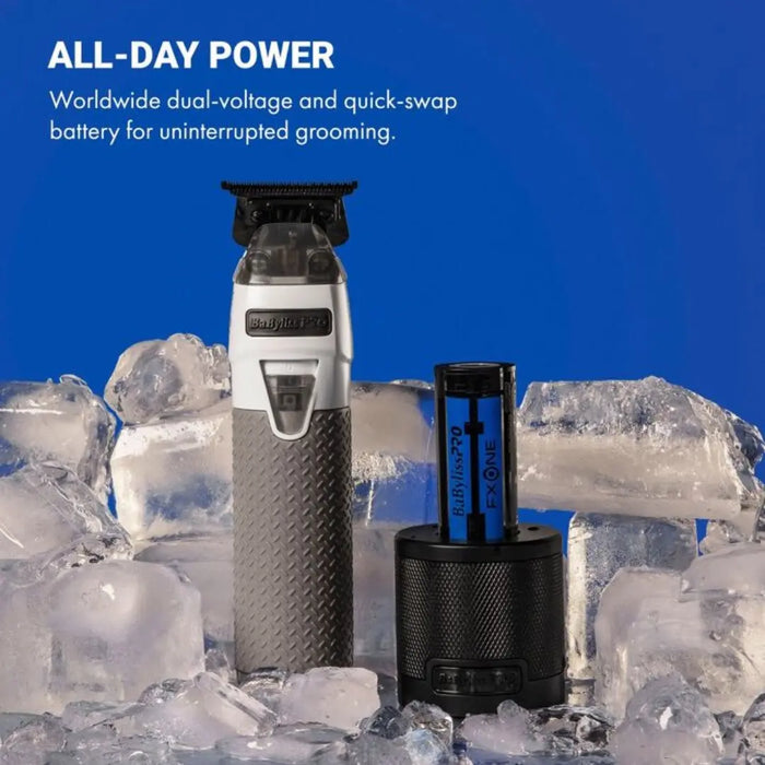 Hair trimmer and battery pack on ice with 'All-Day Power' text against a blue background