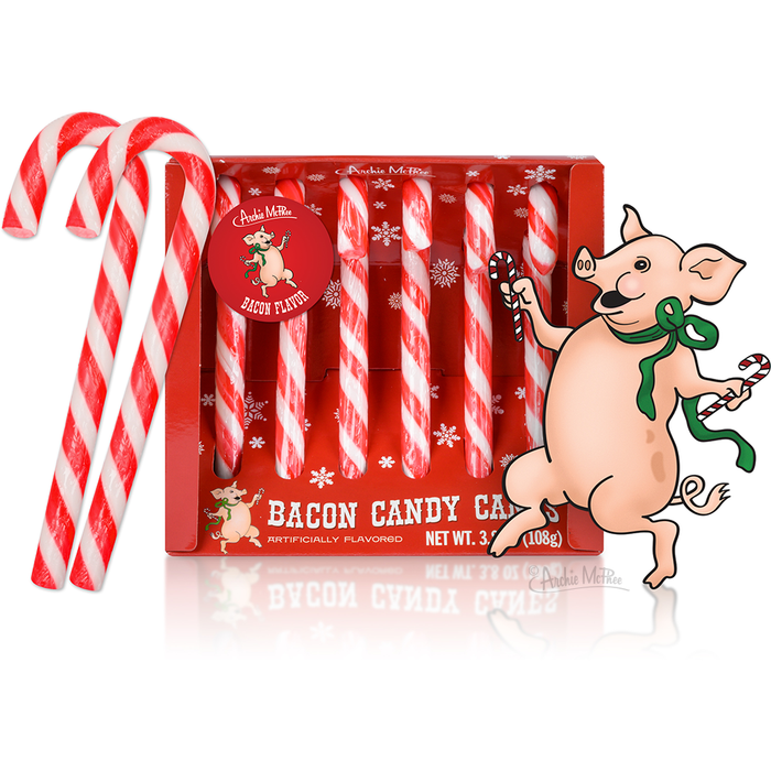 The packaging for Bacon Candy Canes showcases a cartoon pig wearing a green scarf and holding a candy cane.