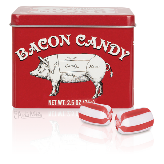 A tin featuring a pig diagram labeled "Bacon Candy" comes with two striped candies flavored like bacon.
