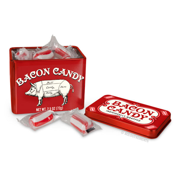 A red tin labeled Bacon Candy, adorned with a pig diagram, is open to display individually wrapped bacon-flavored candies inside. These holiday sweets are a quirky gift for anyone who enjoys unique treats.