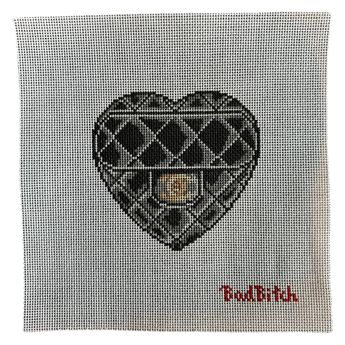bad bitch needlepoint, quilted heart needlepoint canvas, handbag needlepoint, designer inspired needlepoint, 13 mesh canvas, 5x5 needlepoint project, chic needlepoint canvas, self finishing needlepoint
