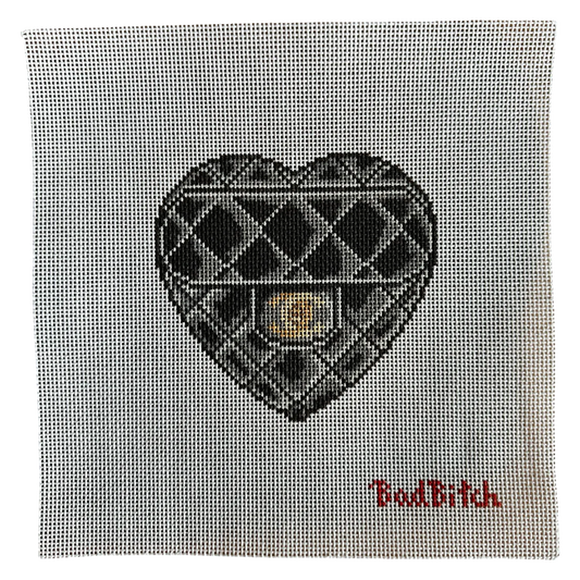 bad bitch needlepoint, quilted heart needlepoint canvas, handbag needlepoint, designer inspired needlepoint, 13 mesh canvas, 5x5 needlepoint project, chic needlepoint canvas, self finishing needlepoint