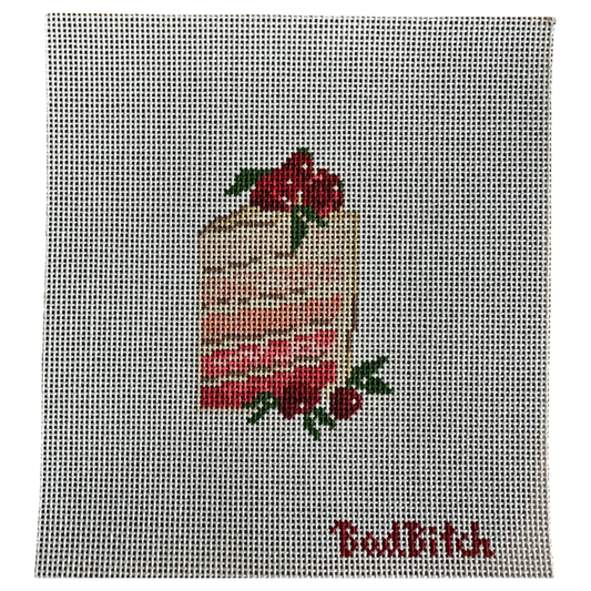 bad bitch needlepoint, strawberry cake needlepoint canvas, dessert needlepoint, food needlepoint design, 13 mesh canvas, 4x3 needlepoint project, sweet needlepoint canvas, collectible needlepoint series