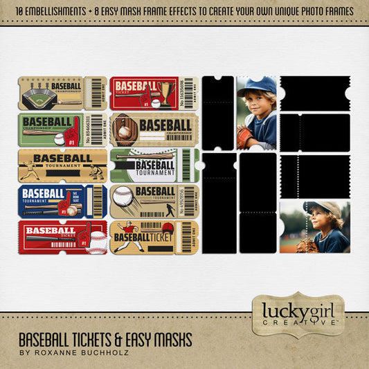 Play ball! Take me out to the ballgame with these fun baseball tickets and photo masks by Lucky Girl Creative digital art for digital scrapbooking. Great for everything from little league to major league! In Photoshop, drop the photo mask on your page, overlay with your favorite photo, and create a clipping path for a stunning result! This kit is included in the Baseball Watercolor Bundle.