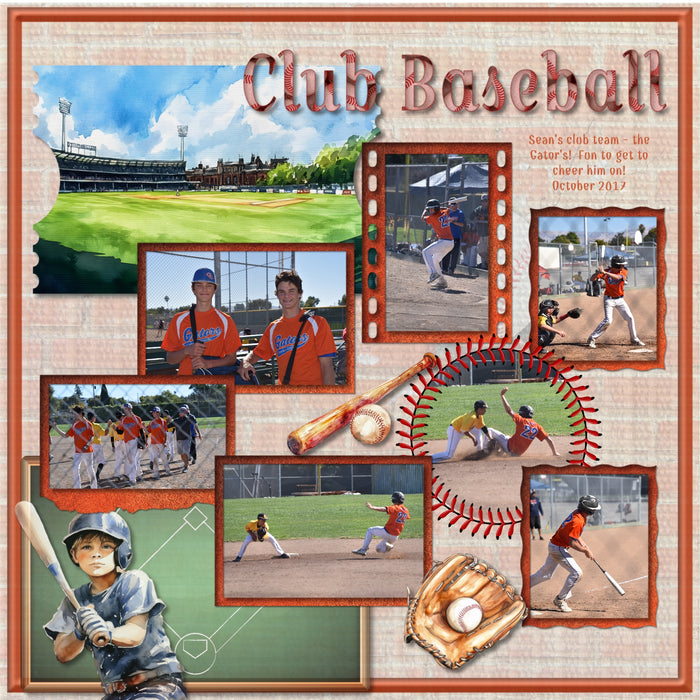 Play ball! Take me out to the ballgame with this fun, watercolor bundle filled with baseball embellishments, papers, photo masks, and baseball stitches by Lucky Girl Creative digital art for digital scrapbooking. Great for everything from little league to major league! Embellishments include American flag, banner, bunting, baseball, bench, collector case, chain link fence, blackboard, chalkboard, player, athlete, child, man, baseball cap, uniform, jersey, pants, sock, dirt, dust, drone, base, baseball