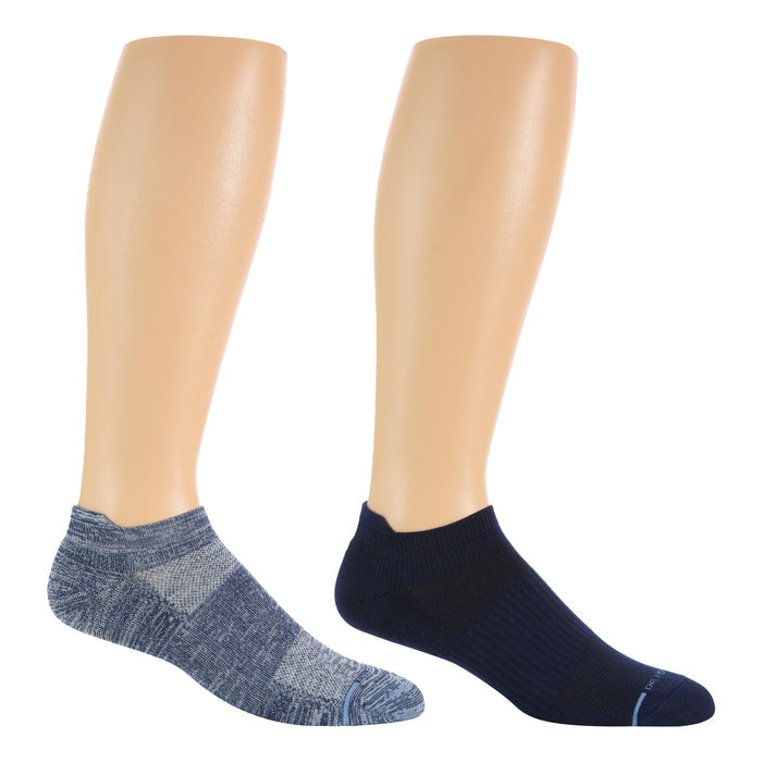 Two pairs of ankle compression socks in blue and navy, displayed on mannequin legs.