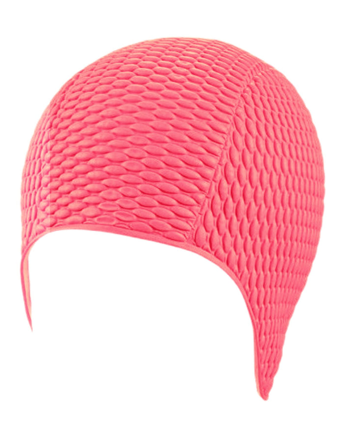 Vibrant neon pink BECO latex bubble cap with textured pattern and ear flaps