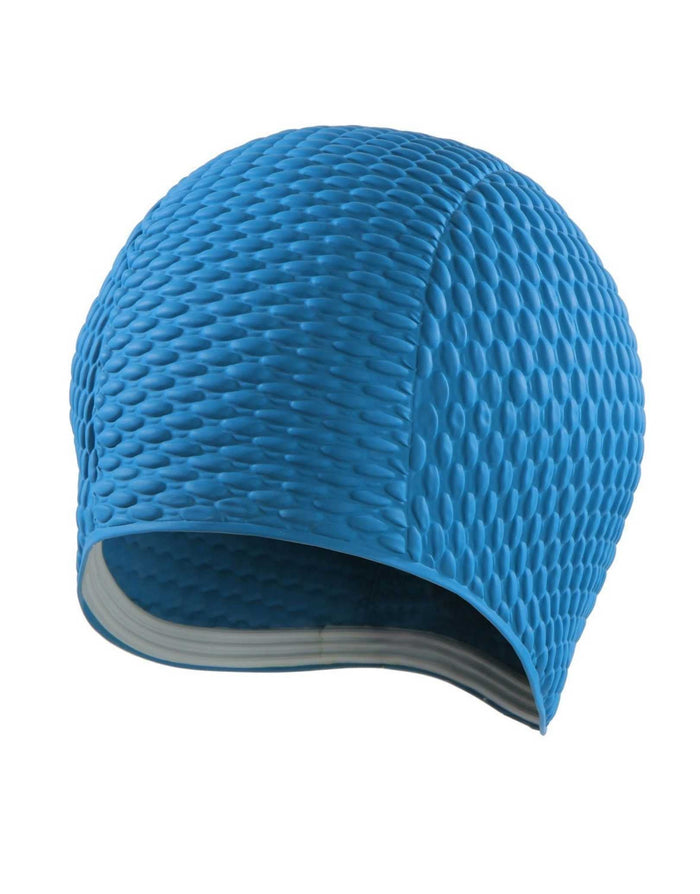 Blue BECO latex bubble cap with gray lining and textured mesh pattern