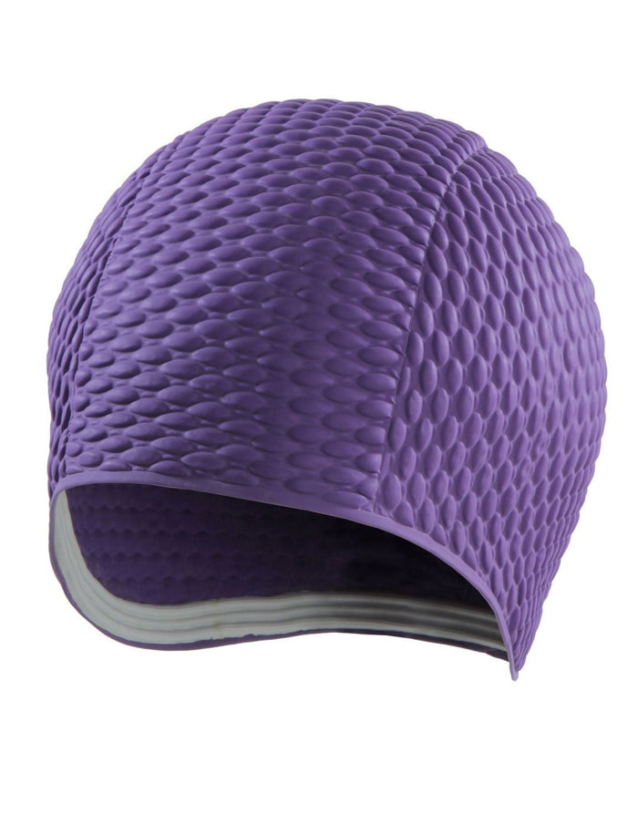 Purple BECO latex bubble cap with quilted design and silver strap