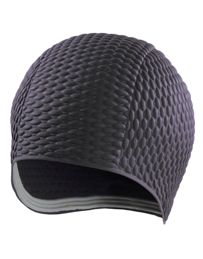 Black BECO latex bubble cap with quilted texture and adjustable strap