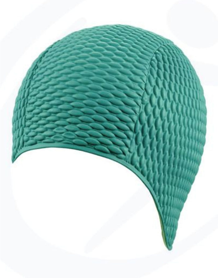 Teal quilted latex bubble cap with ear flaps for long hair