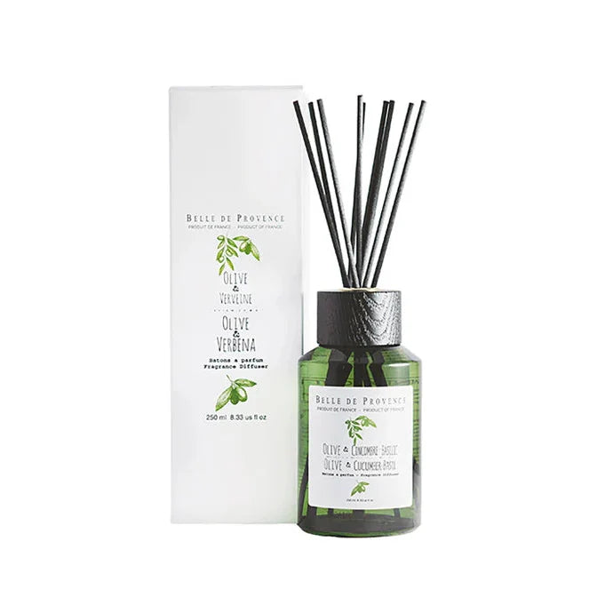 A fragrance diffuser bottle labeled 'Belle de Provence' with a green tint and black cap, accompanied by a white box with the product name and description.