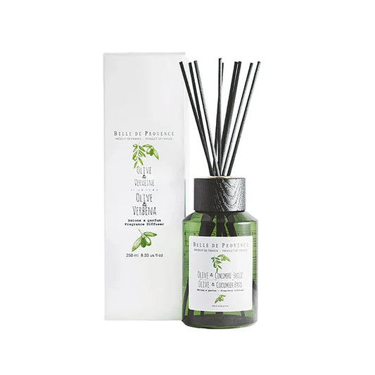 A fragrance diffuser bottle labeled 'Belle de Provence' with a green tint and black cap, accompanied by a white box with the product name and description.