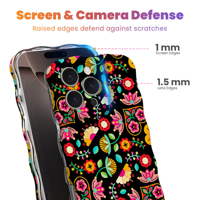 Trendy black wavy iPhone case featuring an intricate folk art botanical pattern of red flowers, magenta details, and yellow fan petals with a high-gloss finish.