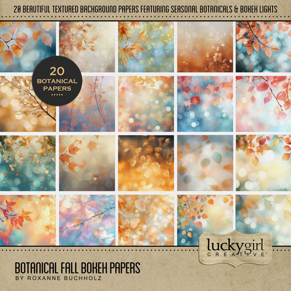 Add beautiful bokeh and botanical backgrounds by Lucky Girl Creative digital art for digital scrapbooking to any theme or occasion page for that magical touch of sparkle and glow to highlight the fall and autumn season. This kit is included in the Botanical Bokeh Papers Bundle.