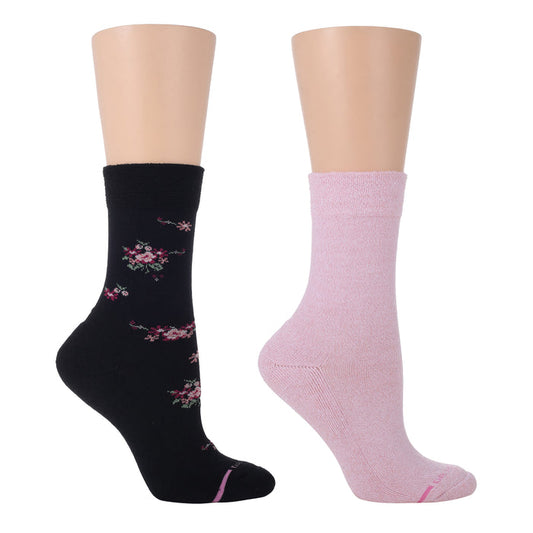 Black sock with floral design and pink sock, both featuring half-cushion support for comfort.
