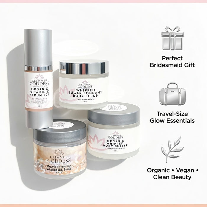 Glimmer Goddess Organic Skin Care bridesmaid glow gift set with radiant beauty essentials for bridal party and wedding day.