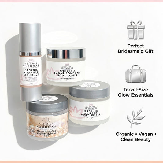 Glimmer Goddess Organic Skin Care bridesmaid glow gift set with radiant beauty essentials for bridal party and wedding day.