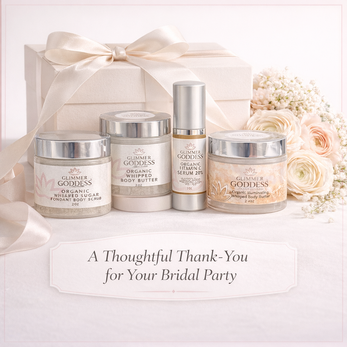 Glimmer Goddess® Bridesmaid Glow Gift Set with radiant beauty essentials for bridal party and wedding day, including skincare products.