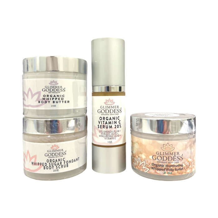 Glimmer Goddess Organic Skin Care bridesmaid glow gift set with radiant beauty essentials for bridal party and wedding day.